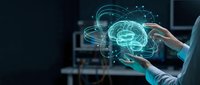 Medical professional holding glowing digital brain hologram with neural network connections for healthcare technology and artificial intelligence applications.