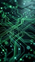 Green circuit board pathways with glowing nodes and bokeh lights on dark background, representing technology, data flow, and digital connectivity for tech and innovation projects.