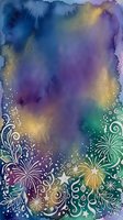 Watercolor gradient background transitioning from deep blue through purple and gold to teal, featuring ornamental floral and firework designs along bottom border with decorative swirls and sparkles.