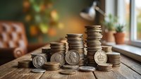 Stacks of coins arranged on wooden table in modern office interior with warm lighting for financial growth and investment concepts.
