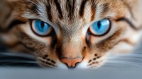 Close-up portrait of striped cat with intense bright blue eyes and focused gaze. Macro photography shows detailed fur texture and facial features in dramatic lighting.