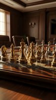 Luxury gold and silver chess set on marble board in elegant wood-paneled office, symbolizing strategy, leadership, and business competition.