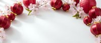 Red paper lanterns and cherry blossoms arranged in decorative border on white background for Asian festival celebrations and spring events.