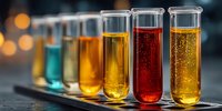 Colorful chemical solutions in test tubes arranged in row, showcasing vibrant liquids in laboratory setting with blurred background.
