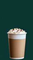 Takeaway coffee cup with whipped cream and chocolate sprinkles on dark green background. Creamy latte drink in disposable container for cafe menu.