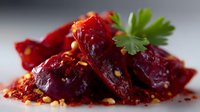 Fresh sliced beets with sesame seeds and parsley garnish on dark plate, macro food photography showing texture and vibrant red color in natural light.