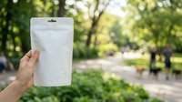 Caucasian hand holding blank white stand-up pouch with zipper against blurred green park background, suitable for product packaging mockups and branding presentations.