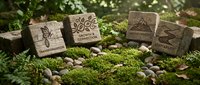 Natural handmade soap bars with botanical engravings on moss and stones in garden setting for organic skincare and eco-friendly beauty products.