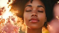 Young African American woman with natural curly hair enjoying peaceful moment at sunset, eyes closed with serene expression against golden sunlight and pink floral bokeh.