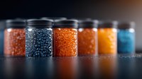 Colorful caviar varieties in glass jars arranged in row showing red, black and orange fish roe on dark reflective surface with selective focus effect.