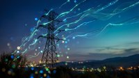High voltage electrical transmission tower with glowing energy connections against twilight sky. Digital network concept for power grid infrastructure and smart energy systems.