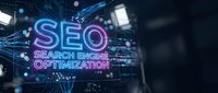Digital marketing concept with glowing SEO neon sign and circuit board background for web optimization and online business strategy campaigns.