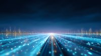 Futuristic digital landscape with glowing blue light trails and data streams converging to horizon point against dark sky, representing technological advancement.