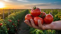 Fresh ripe tomatoes in farmer's hand at sunset in agricultural field. Organic harvest concept for healthy eating and sustainable farming practices.