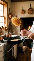 Chef flipping pancake in rustic kitchen with copper cookware and fireplace. Professional cooking technique demonstration for culinary content.