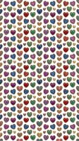 Colorful glitter hearts seamless pattern on cream background. Repeating romantic design with sparkly multicolored hearts in various sizes for textile and decor.