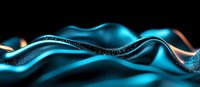 Abstract luxury background with flowing turquoise waves and glittering particles on black surface, modern minimalist design for elegant presentations.