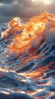 Dramatic ocean wave catching golden sunset light creates dynamic splash pattern with water droplets and foam against moody stormy sky background.