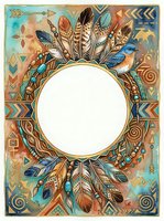 Bohemian circular frame with feathers, birds, and geometric patterns in warm earth tones and turquoise, isolated on white background for design projects.