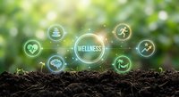 Wellness concept with green sprouts growing from soil and glowing health icons including fitness, meditation, and nutrition symbols against nature background.