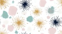 Festive abstract pattern with gold starburst, navy blue fireworks and blush pink watercolor spots on white background. Seamless repeat design for celebrations.