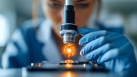 Laboratory scientist in protective gloves examining specimen under microscope with orange illumination in research facility, close-up view of modern scientific equipment.