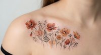 Delicate floral tattoo on woman shoulder featuring orange poppies and botanical elements in watercolor style for body art and tattoo design inspiration.