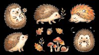 Cute hedgehog clipart set with autumn elements, isolated on transparent background. Great for stickers, t-shirt design, print on demand, and sublimation projects.