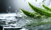 Fresh aloe vera leaf with water splashes and droplets on dark background, natural organic skincare concept for cosmetic and wellness products.