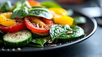 Fresh colorful salad with cucumber slices, yellow and red bell peppers, spinach leaves and basil on black plate, macro food photography with selective focus.