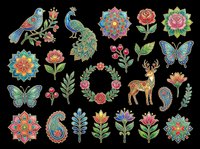 Ornamental floral and wildlife collection featuring peacocks, butterflies, deer, and decorative mandalas. Isolated on transparent background, ready for t-shirts, clipart, stickers, and print-on-demand designs.