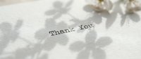 Thank you note typed on white paper with soft floral shadows, elegant stationery for greeting cards, appreciation messages, and wedding correspondence.