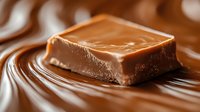 Chocolate fudge square sits on swirled melted chocolate surface, showcasing rich cocoa confectionery for bakery, dessert, and food advertising projects.