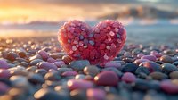 Heart-shaped arrangement of colorful pebbles on beach at sunset with warm golden light and ocean waves in background for romantic designs.