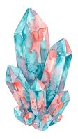 Watercolor crystal cluster in turquoise and coral tones, isolated on white background. Suitable for wellness, healing, and mineral design projects.