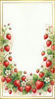 Strawberry border frame with red berries, white flowers, green leaves, and gold trim on cream background, isolated and ready for invitations, menus, certificates, and design projects.