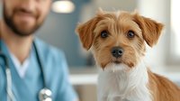 Small terrier dog with veterinarian in medical clinic examination room for pet healthcare checkup and wellness visit.