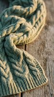 Cozy knitted scarf with cable pattern in sage green wool draped on rustic wooden surface creating warm autumn winter fashion accessory for cold weather styling.