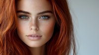 Young woman with natural red hair, freckles and blue eyes looking at camera with gentle smile against blurred gray background. Soft beauty portrait.