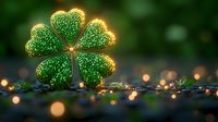 Glowing green shamrock with golden light edges against dark background with bokeh lights, magical St Patrick's Day symbol surrounded by sparkles and fairy lights.