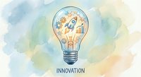 Light bulb with rocket, gears and chart inside representing innovation and creative business ideas on watercolor background for startup concepts.