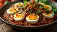 Halved boiled eggs served on spicy meat sauce garnished with fresh herbs in rustic cast iron pan, close up view of traditional comfort food dish.