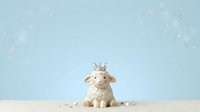 Cute sheep wearing crown sitting on sand with magical sparkles falling on light blue background, suitable for children's book illustrations, nursery decor, greeting cards, and storybook designs.