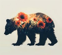 Double exposure silhouette of wild bear with blooming orange gerbera daisies and foliage against light background, artistic nature composition.