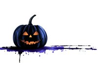 Glowing black halloween pumpkin with carved scary face on purple watercolor splash background, isolated design element for seasonal decoration.
