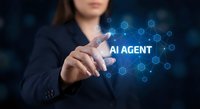Professional businesswoman touching AI agent interface with glowing hexagonal network connections on dark blue background for technology presentations.