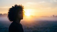 Young African American woman with curly hair silhouetted against golden sunset sky, looking up with hope and contemplation in peaceful outdoor setting.