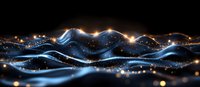 Abstract digital waves with glowing blue light particles and golden sparkles flowing on dark background, modern technology concept for data visualization.
