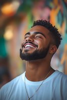 Young African American man with natural curly hair and beard laughing with genuine joy, wearing white t-shirt and chain necklace against colorful blurred background.
