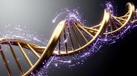 Golden DNA double helix structure with purple glowing particles and light effects on dark gradient background for science and biotechnology concepts.